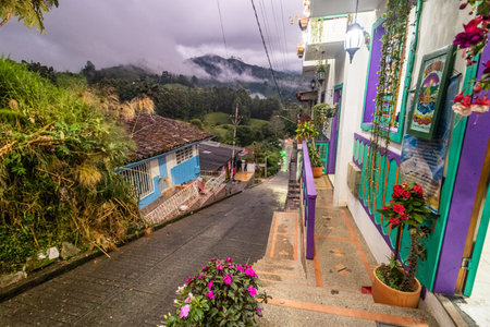 SALENTO, COLOMBIA - FEBRUARY 21, 2024: Evening view of a street in Salento, Colombia