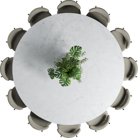 Top view of round table and chairs with monstera leaves. 3d renderingの写真素材