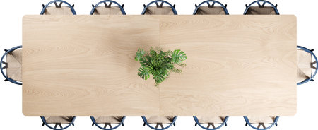Top view of a wooden dinner table with green plants. 3d renderingの写真素材