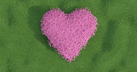 Heart made of flowers on green grass background. 3d render illustrationの写真素材