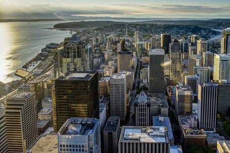 Sunset View from Sky View Observatory over Seattle with Space Neの写真素材