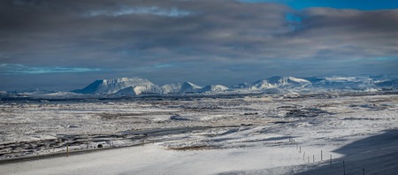 Iceland Winter view with Volcano covered in Snow towards Snow Caの写真素材