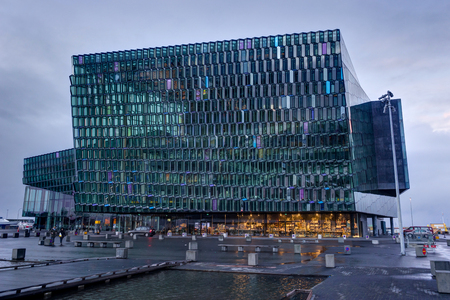 Harpa Concert Hall in Reykjavik Iceland during Sunsetのeditorial素材