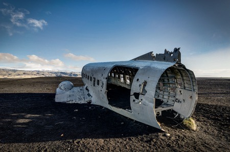 Airplane wreckage Solheimasandur Iceland on black sand beachの写真素材