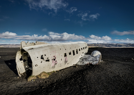 Airplane wreckage Solheimasandur Iceland on black sand beachの写真素材