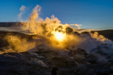 Sunrise at Sol de Manana Geothermal Active area Altiplano Boliviの写真素材