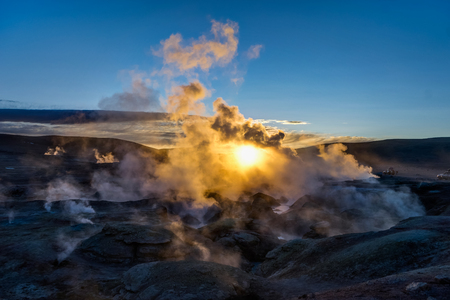 Sunrise at Sol de Manana Geothermal Active area Altiplano Boliviの写真素材
