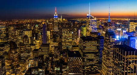 New York Skyline Manhatten Cityscape Empire State Building from Top of the Rock Sunsetの写真素材