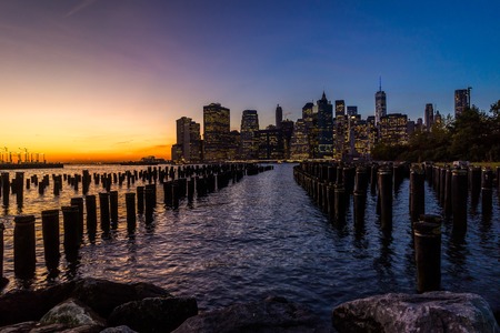 New York Skyline Cityscape Lower Manhatten World Trade Center Freedom Tower from Brooklyn Bridge...