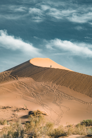 Sand dunes under blue sky. Sahara Desert, Previously, village houses transferred due to sands movement.の写真素材