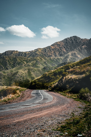 Highway street empty with green Kazakhstan Steppe viewの写真素材