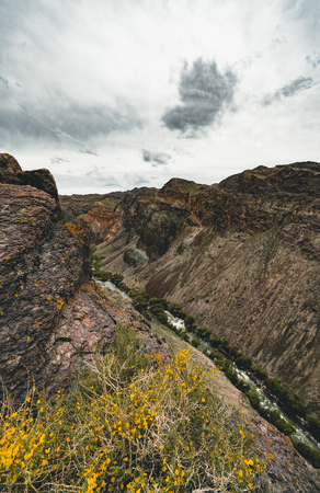 River in Charyn canyon in the Kazakhstan with mountains and sky clouds.の写真素材