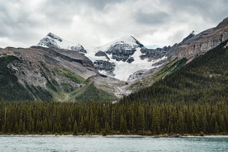Grand Panorama of Surrounding Peaks at Maligne Lake, Jasper National Park.の写真素材