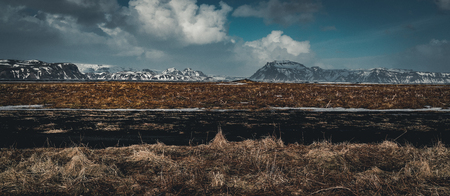 Street Highway Ring road No.1 in Iceland, with view towards mountain. Southern side if the country.の写真素材