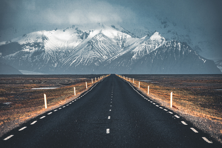 Street Highway Ring road No.1 in Iceland, with view towards mountain. Southern side if the country.の写真素材