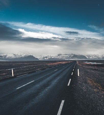 Street Highway Ring road No.1 in Iceland, with view towards mountain. Southern side if the country.の写真素材
