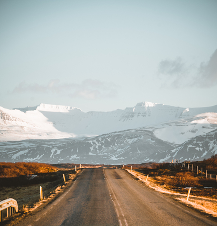 Street Highway Ring road No.1 in Iceland, with view towards mountain. Southern side if the country.の写真素材