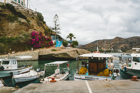 Agia Galini, Crete, Greece - August 2018: View towards boats in the harbour of the village Agia...
