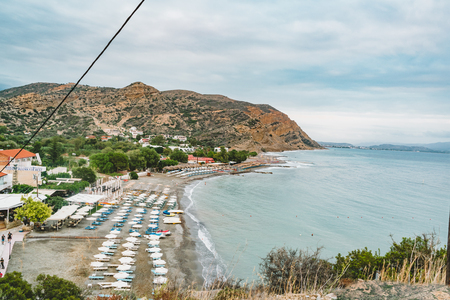 Aerial Top Panorama view of Aghia Galini beach at Crete island in Greece. South coast of the Libyan sea.の写真素材