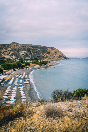 Aerial Top Panorama view of Aghia Galini beach at Crete island in Greece. South coast of the Libyan sea.の写真素材
