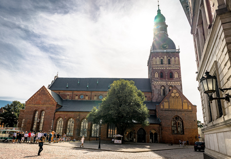 Riga, Latvia - August 2018: View across Town Hall Square in Riga. The quare Latvian Ratslaukums is one of the central squares of Riga, located in the Old Town.のeditorial素材