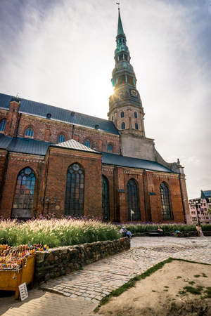 Riga, Latvia - August 2018: View across Town Hall Square in Riga. The quare Latvian Ratslaukums is one of the central squares of Riga, located in the Old Town.のeditorial素材