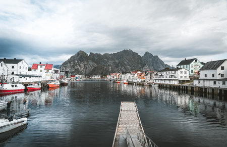 September 2018, Henningsvaer Lofoten island. Long Exposure of Henningsvaer fishing village on a cloudy day. Located on several small islands in the Lofoten archipelago.のeditorial素材