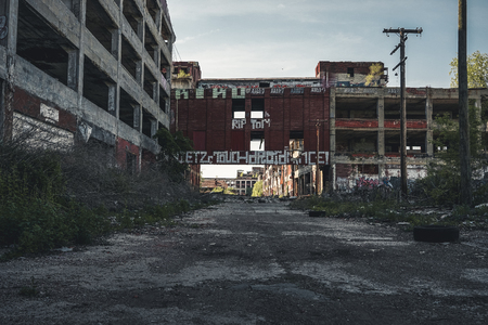 Detroit, Michigan, United States - October 2018: View of the abandoned Packard Automotive Plant in Detroit. The Packard Plant sprawls multiple city blocks and measures in at 3.5 million square feet. The plant opened in 1903 and closed in 1958 and sits abaのeditorial素材
