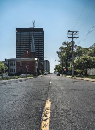 Detroit, Michigan, United States - October 18 2018 : View of Michigan Avenue in Corktown in Detroit in Michigan, USA. Detroit is the largest and most populous city in the U.S. state of Michigan, the largest United States city on the United States Canada bのeditorial素材