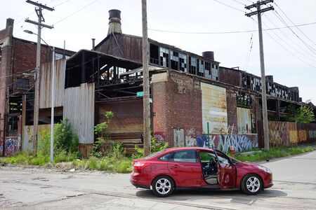 Detroit, Michigan, United States - October 18 2018: View of the abandoned Gray Iron Factory in Detroit. Detroit Gray Iron Foundry was one of several foundry companies located along the water front, producing tools, machinery, jig and fixture castings.のeditorial素材