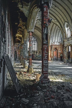 Detroit, Michigan, May 18, 2018: Interior view of abandoned and damaged Church St. Agnes in Detroit.のeditorial素材
