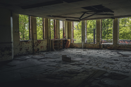 Detroit, Michigan, May 18, 2018: Interior view of abandoned and damaged George Ferris School in Detroit. Like other schools in Highland Park, Ferris went into a decline in enrollment numbers that it never recovered from, and closed in the late 90s. There のeditorial素材