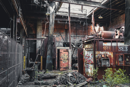Detroit, Michigan, United States - October 18 2018: View of the abandoned Gray Iron Factory in Detroit. Detroit Gray Iron Foundry was one of several foundry companies located along the water front, producing tools, machinery, jig and fixture castings.のeditorial素材