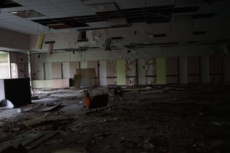Detroit, Michigan, May 18, 2018: Interior view of abandoned and damaged George Ferris School in Detroit. Like other schools in Highland Park, Ferris went into a decline in enrollment numbers that it never recovered from, and closed in the late 90s. There のeditorial素材