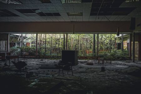 Detroit, Michigan, May 18, 2018: Interior view of abandoned and damaged George Ferris School in Detroit. Like other schools in Highland Park, Ferris went into a decline in enrollment numbers that it never recovered from, and closed in the late 90s. There のeditorial素材
