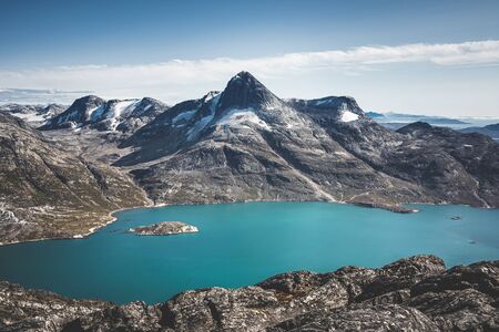 Greenland nature mountain landscape aerial drone photo showing amazing greenland landscape near Nuuk of Nuup Kangerlua fjord seen from Ukkusissat mountain. Tourist adventure travel destinationの写真素材