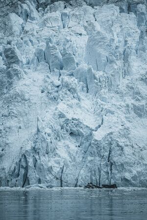 Close Up shot of huge Glacier wall. Large chunks of ice breaking off. Moody and overcast weather....