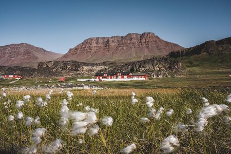 Greenland, August 2019: View towards arctic research station Arctic Research Station in Qeqertarsuaq, Disko Island in Greenland. Owned and ran by University of Copenhagen.のeditorial素材