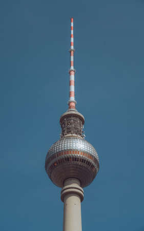 BERLIN, GERMANY - Feb 10, 2021: Aerial view towards Berlin TV Tower near Alexanderplatz in Berlin...