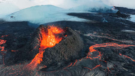 Iceland Volcanic eruption 2021. The volcano Fagradalsfjall is located in the valley Geldingadalir close to Grindavik and Reykjavik. Hot lava and magma coming out of the crater.