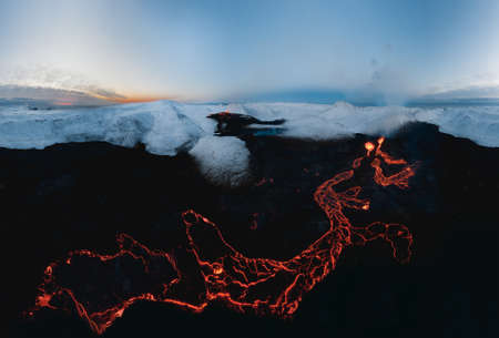 Iceland Volcanic eruption 2021. The volcano Fagradalsfjall is located in the valley Geldingadalir close to Grindavik and Reykjavik. Hot lava and magma coming out of the crater.の写真素材