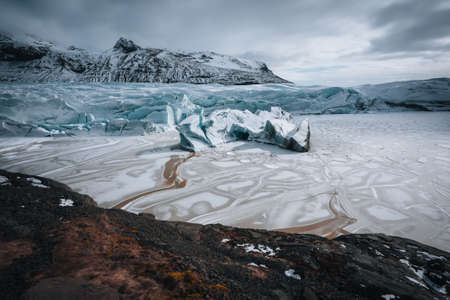 Aerial drone panorama top view glacier iceland svinafellsjoekull, Melting Ice, Climate Change and Global Warming Conceptの写真素材