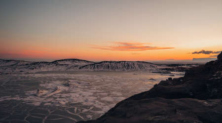 Aerial drone panorama top view glacier iceland svinafellsjoekull and Vatnakokull. Sunset with...
