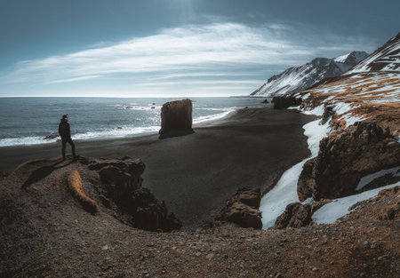 Person standing at black sand beach in Iceland. Fauskasandur near village of Djupivogur. Black sand beachwith snow and beautiful sunny weather. Seastack monolith.の写真素材