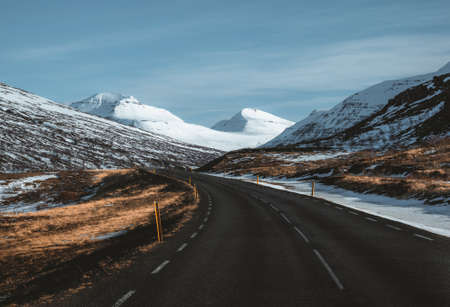 Street Highway Ring road No.1 in Iceland, with view towards eastjords and mountain. Eastern side if the country. Road trip travel concept.の写真素材