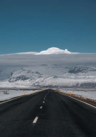 Street Highway Ring road No.1 in Iceland, with view towards mountain. Southern side if the country. Road trip travel concept.の写真素材