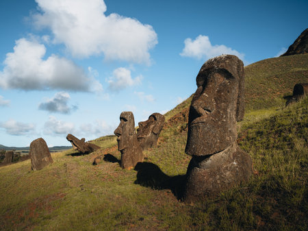Moai statues in the Rano Raraku Volcano in Easter Island, Rapa Nui National Park, Chileの写真素材