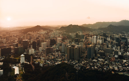 Inwangsan Mountain Seoul, Beautiful landscape and skyline panorama in the mountains at sunset sunrise. Seoul ,South Korea.の写真素材