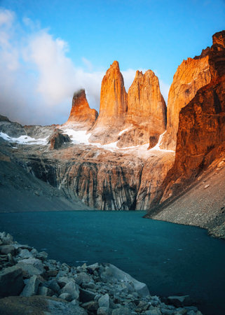 Sunrise in Mirador Las Torres, Torres Del Paine National Park, Patagonia, Chileの写真素材