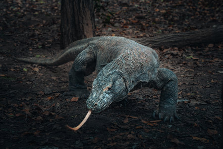 Komodo dragon is on the ground. Interesting perspective. The low point shooting. Indonesia. Komodo...